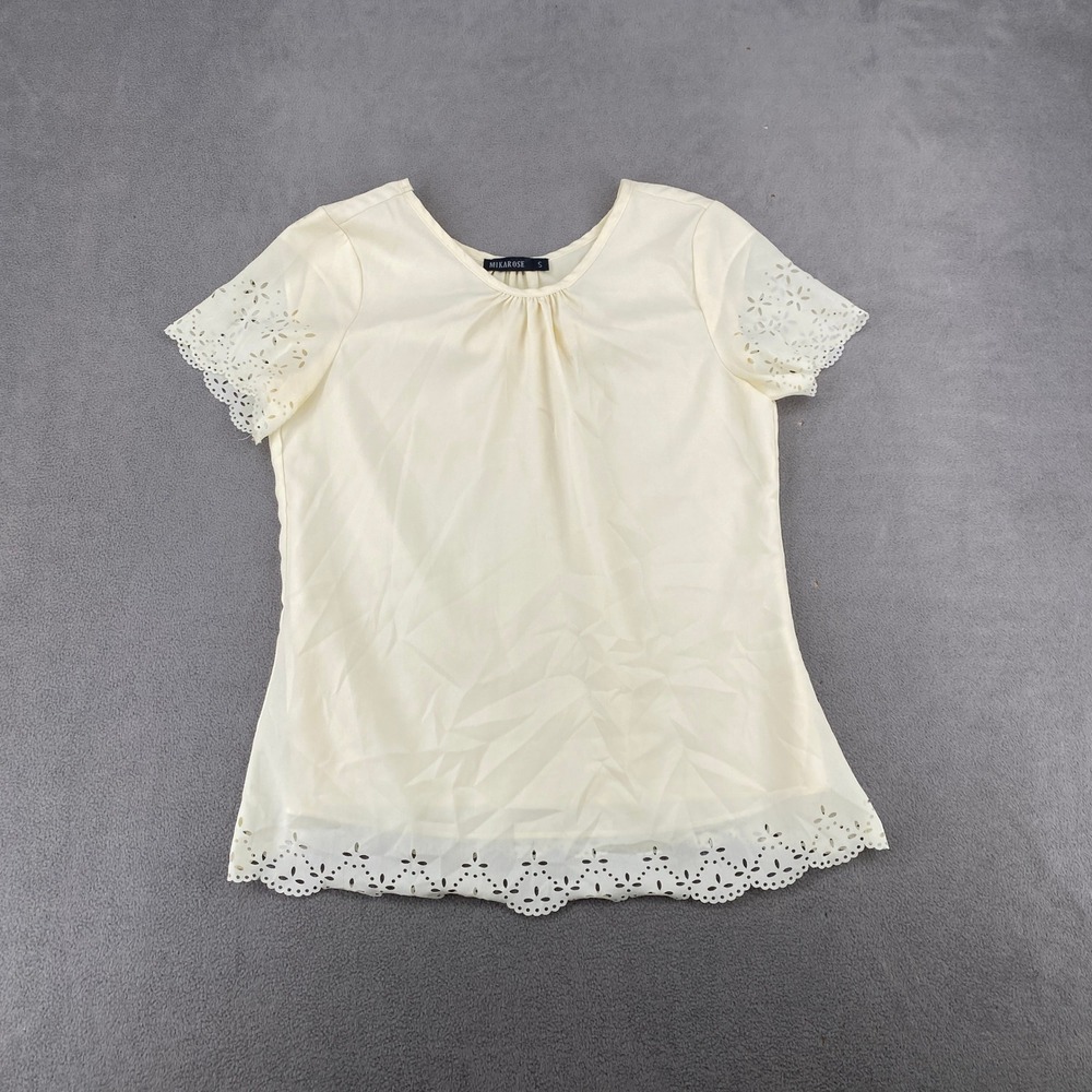 Mikarose Womens Cream Eyelet Trim Short Sleeve Blouse Top Sz S 7678